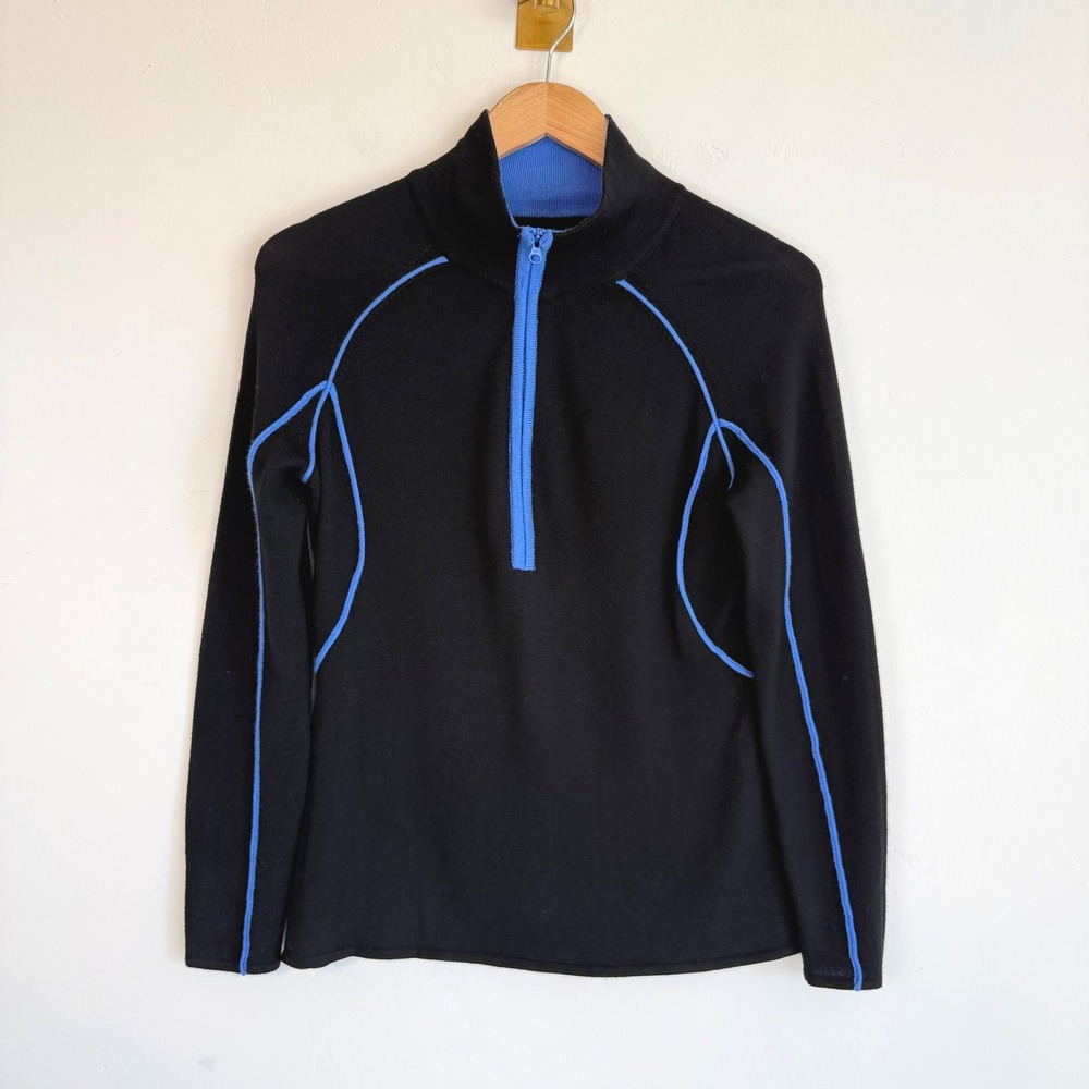 Icelandic Design 100% Merino Wool Quarter Zip Sweater Black Blue Apres Ski M